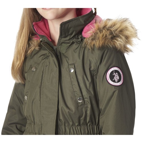 Girl's Coat U.S. Polo Assn Olive Green Hooded Faux Fur Jacket Small 6X $90 - Picture 3 of 11