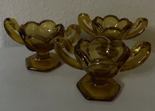 Set of 3 Antique Amber Glass Pedestal Open Salt Dip Cellars With Trophy Handles