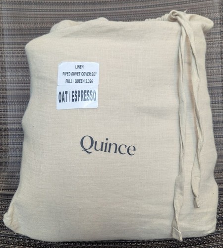 Quince 100% European Linen Piped Duvet Cover 3PC Set Oat/Espresso Full/Queen NEW