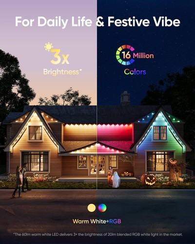 eufy Permanent Outdoor Light 100ft 60Dual-LED RGB App Control AI Light for Decor - Picture 3 of 7