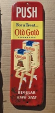Vintage Original Old Gold Cigarettes Door Push Pull Metal Sign w Dancing Packs