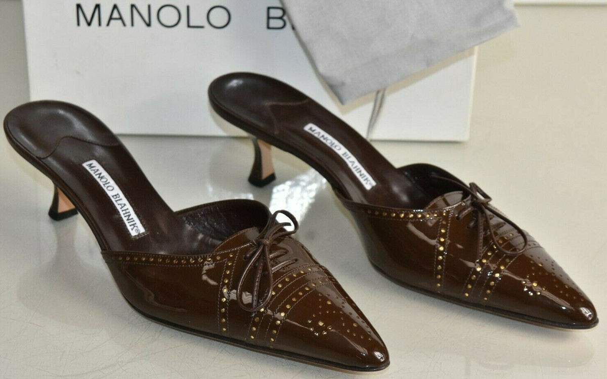 NEW Manolo Blahnik OXFONA Brown Gold Brogue Patent Kitten Heels