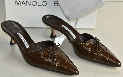 Neuf Manolo Blahnik Oxfona Marron Or Richelieu Verni Talon Bobine