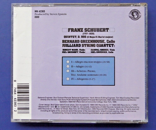 SCHUBERT: Quintet D.956 Greenhouse/String Quartet CBS CD - Picture 2 of 2