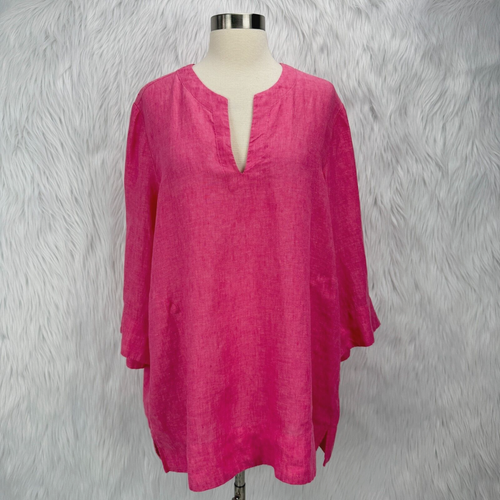 Lands End Womens Pink Linen Tunic Top Petite XL Pockets Colorful Beachy Vacation