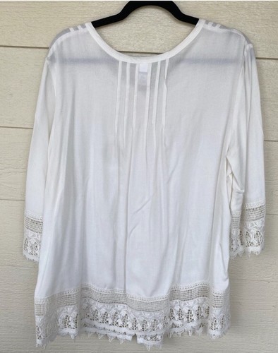 Blair Blouse Size Large White Crochet Lace Pleated Detailed 3/4 Sleeve Flowy Top - Picture 4 of 10