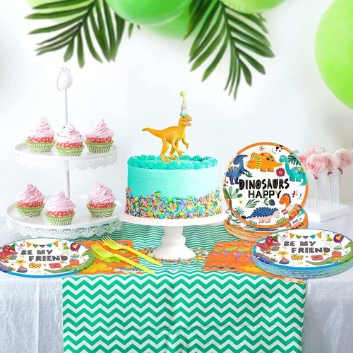 Dinosaur Dinnerware Recycle 68 total, 16 plates, napkins, fork +Thank u card NEW - Picture 5 of 9