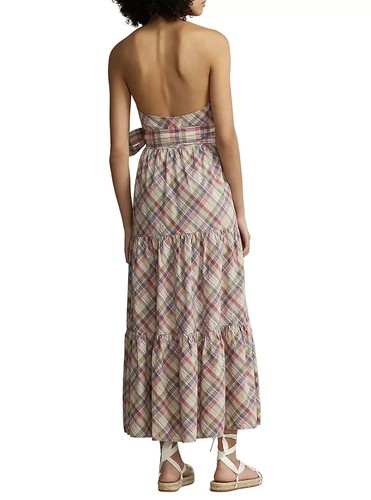 NEW! POLO RALPH LAUREN MADRAS DRESS -4- SEPIA WHITE RED GREEN PINK GREEN HALTER - Picture 2 of 5