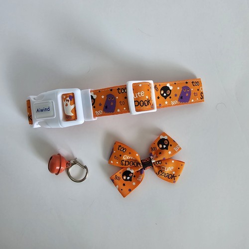 Halloween Theme Dog Collar with Bow and Bell Orange Wide 10"-16" Neck Breakaway - Picture 7 of 7