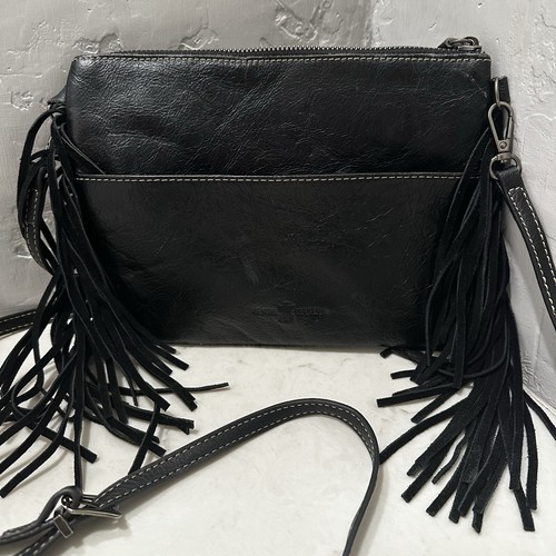 Bolso Bandolera Vaquera Occidental Gamuza Genuina Cuero Negro Cuero de Vaca Tooled Flecos - Imagen 2 de 11