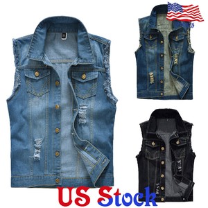 Man-039-s-Cowboy-Denim-Vest-Holes-Torn-Shoulder-Jacket-Sleeveless-Motojacket-Biker