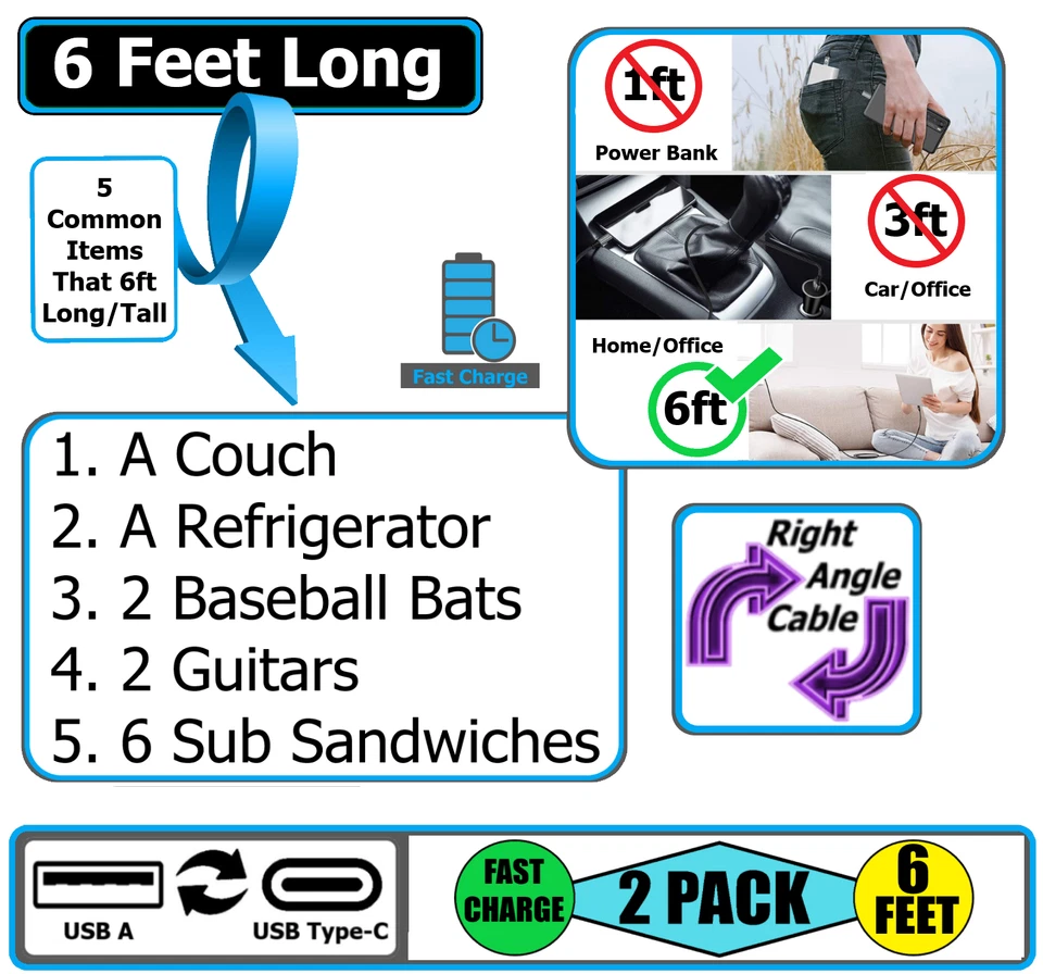2 Pack 6ft C USB A Cable Adapter Cord 90 Degree Angle Quick Charger Nylon Braid - Image 3 of 4