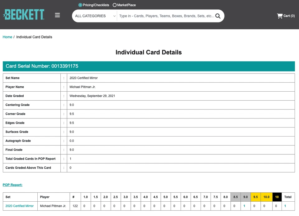 POP 1: Michael Pittman Jr RC BGS 9+: 2020 Certified Mirror Rookie Gisto /299 - Image 3 of 3