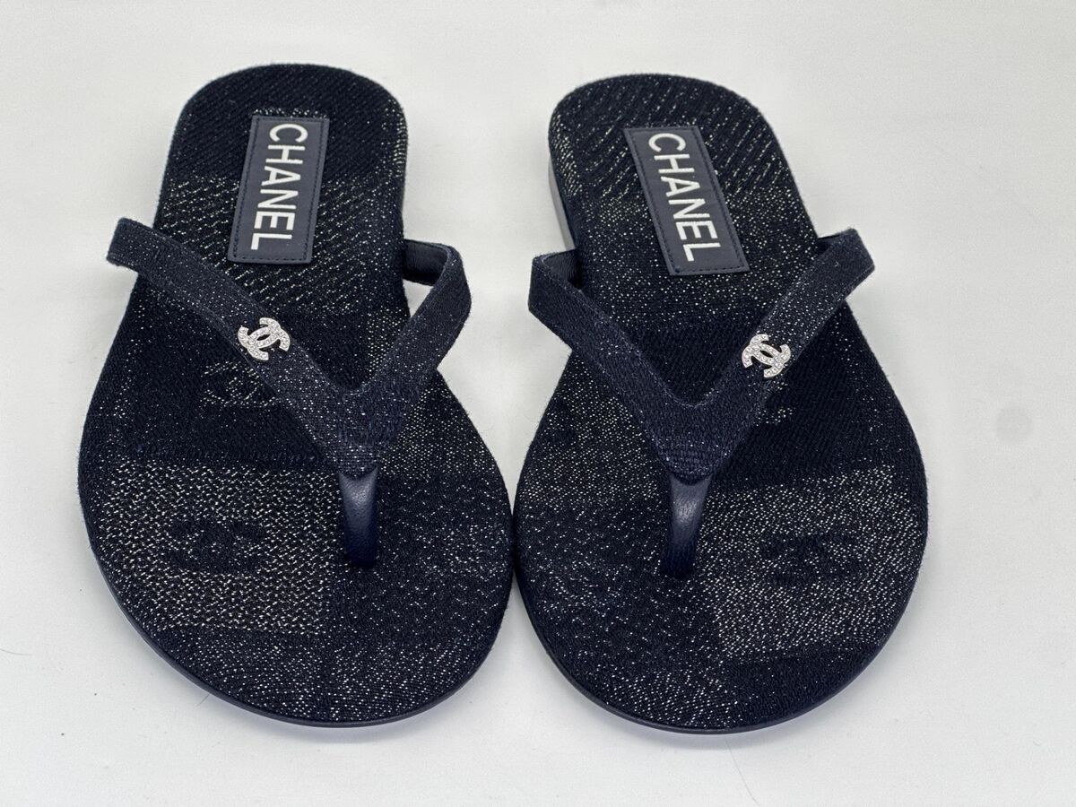 CHANEL 24S Cotton Silk Lurex Crystal CC Logo Thong Flip Flop CHANEL 24S Cotton Silk Lurex Crystal CC Logo Thong Flip Flop