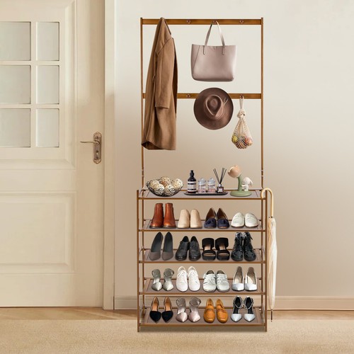 5 Tier Shoe Rack Hall Tree Stand Storage Shelves Coat Hat Hanger With 8 Hooks - Picture 5 of 23