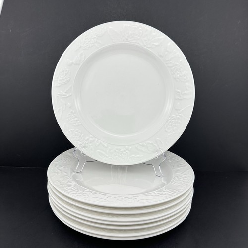 Martha Stewart VINTAGE ROSE White Dinner Plates (8) Raised Flower Blossoms - Picture 2 of 24