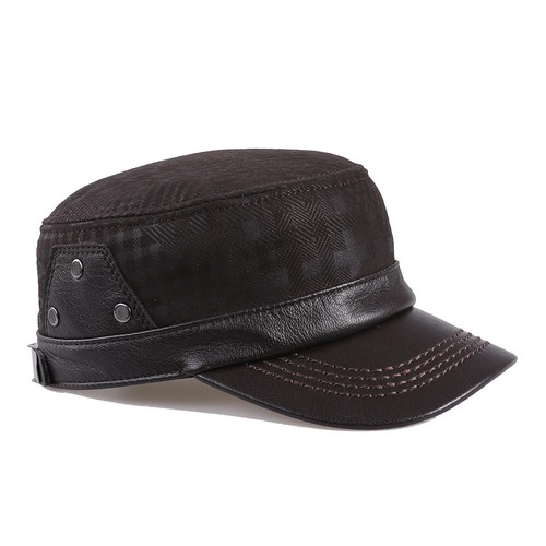 Men's Flat Top Cap Real Sheepskin Leather Military Style Caps Cadet Army Hats - 第 57/64 張圖片