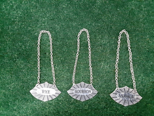 Set of 3 Reversable Bourbon Scotch etc metal Bottle Neck Hanger Markers - Picture 2 of 2