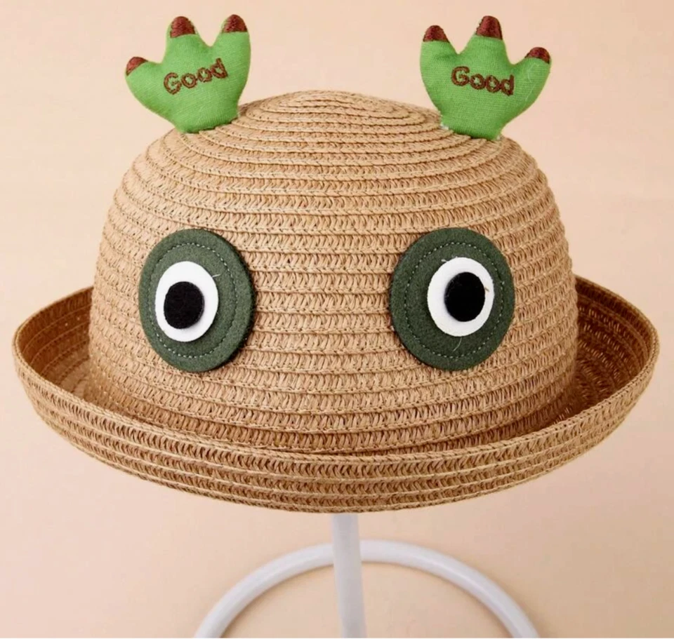 Chapéu de palha fofo feito à mão com tema de sapo para crianças - divertido chapéu de sol balde de desenho animado com olhos - Imagem 4 de 4