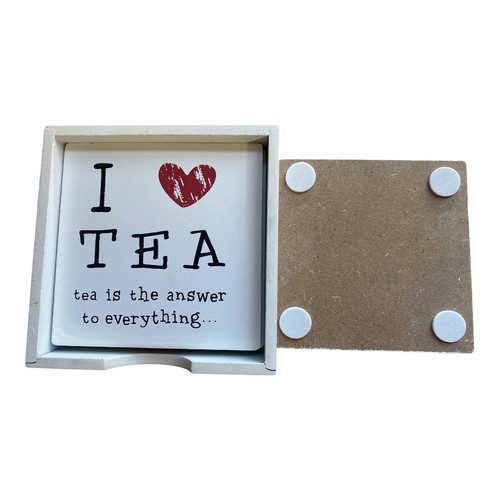 Coaster Set Wooden. “I Love Tea. Tea is the answer to everything….” 11cm / 11cm - Picture 3 of 5