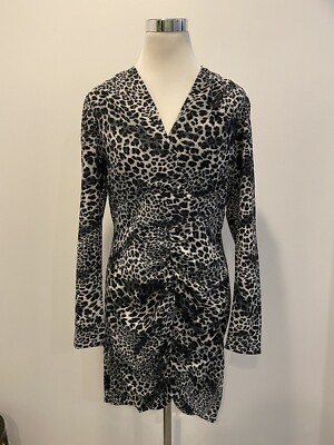COPPEROSE Gray V-Neck Ruched Leopard Print Dress Sz M