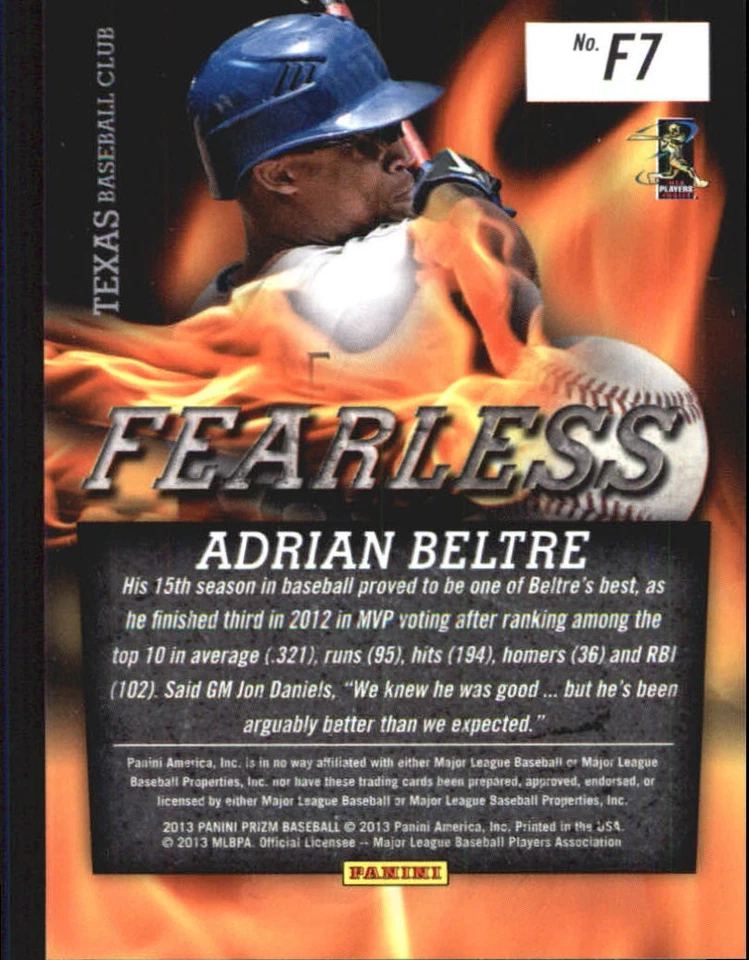 2013 Panini Prizm Adrian Beltre Fearless Insert Card #7 Texas Rangers - Image 2 of 2