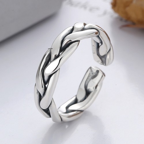 Echt einfarbig 925 Sterlingsilber Band Männer Frauen Geometrie Linie geflochtener offener Ring - Bild 1 von 11