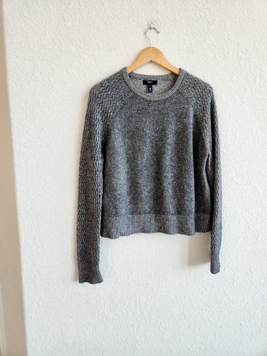 AQUA Cashmere Shell Stitch Sleeve Cashmere Sweater-Heather Gray L - Picture 9 of 9