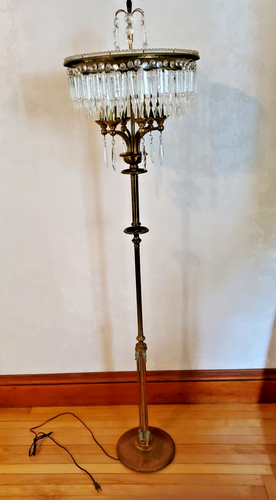 Vintage Messing Glas Kristall Kronleuchter Stehlampe Italienisch Hollywood