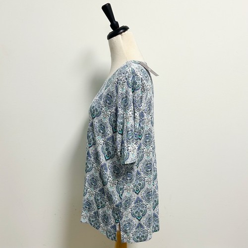J Jill White Black Pima Slub Scoop Neck Elbow Sleeve Damask Print Tee Large New - Picture 3 of 10