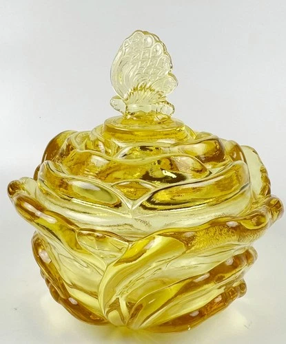 New ListingVntg Fenton yellow glass cabbage rose butterfly covered candy dish trinket box