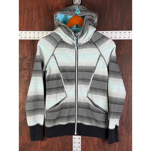 Ivivva by Lululemon Zip Up Scuba Hoodie Jacket Striped Kids Mint Black Youth 12 - Picture 2 of 10