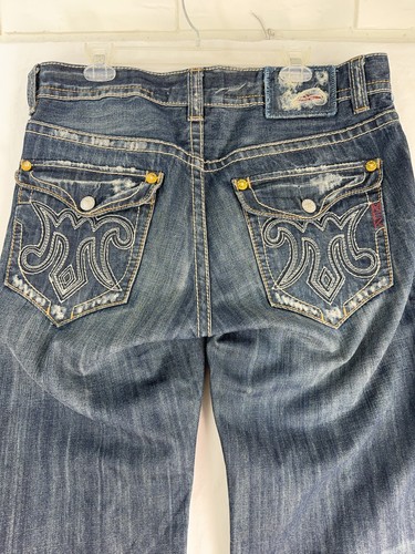 MER Denim Oaxaca Jeans Mens 36x32 Blue Bootcut Distressed Button Fly Y2k Style - Picture 7 of 11