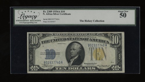 DBR 1934-A $10 North Africa Silver Fr. 2309 Legacy AU-50 Serial B01937740A - Picture 1 of 2