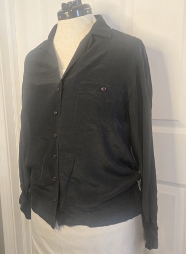 Vintage 100 % Seide Bluse Anne Klein schwarz Kragen Knopfleiste Langarm Gr. 12 - Bild 2 von 8