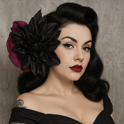 Black Dahlia Plum Ranunculus Tiki Luau Floral Fascinator Gothic Hair Flower Clip - Picture 13 of 13