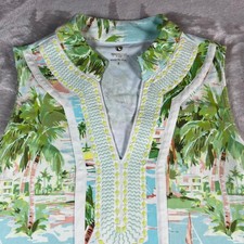 Spartina 449 Womens S Shift Dress Turquoise Green Palm Tree Tropical Embroidered