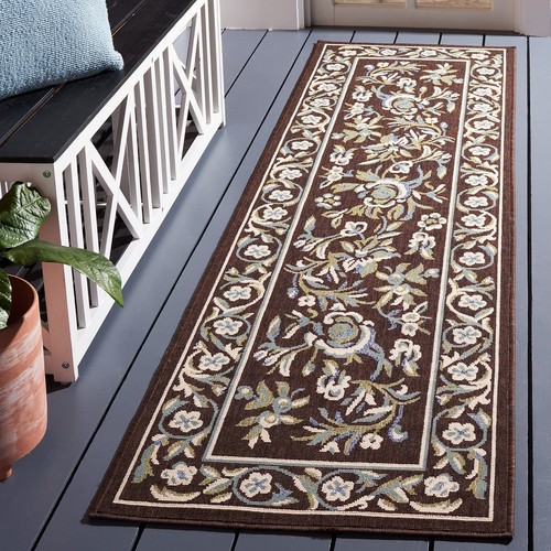 Collection Runner Rug - 2'3" x 8', Chocolate & Aqua, Floral Design, Non-Shedd...