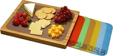 Bamboo Cutting Board w/ 7 Color-Coded Mats, Premium Wood Chopping Tray NEW
