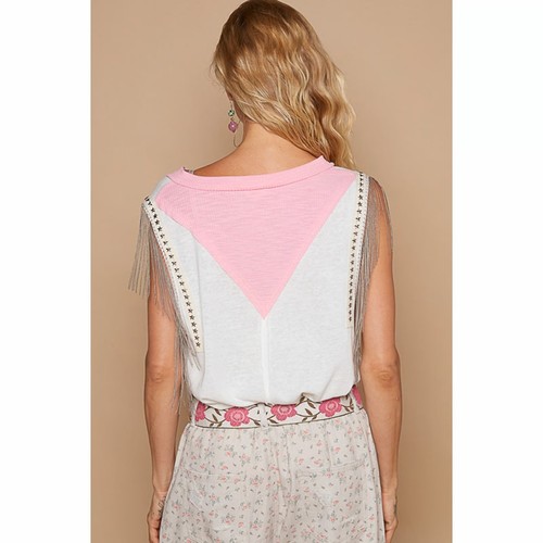 POL White and Pink Tank Top with Silver Fringe – Size Small - Picture 2 of 8
