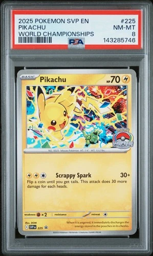 2025 POKEMON SVP EN-SV BLACK STAR PROMO WORLD CHAMPIONSHIPS #225 PIKACHU PSA 8
