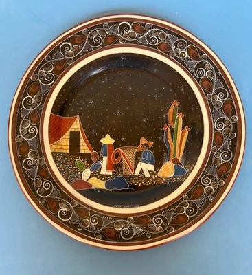 Mexican pottery Tonala plate w/night sky by ANGEL ORTIZ 11 1/2" diam. - Image 1 of 4