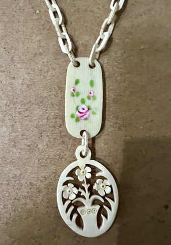 Antique Celluloid Necklace W Oval Cut Out Ivory Pyralin Charm Pink Rose 24”