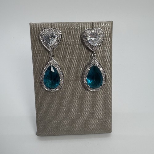 Blue Teal Teardrop Heart Cubic Zirconia Dangle Silver Tone Earrings, Brand New - Picture 2 of 4