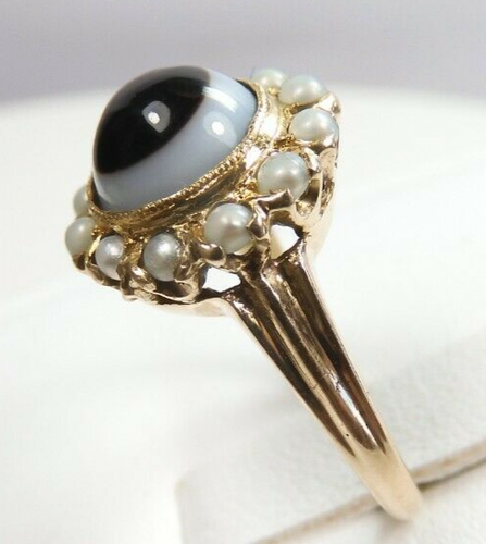 Antique Art Deco Agate Seed Pearl Ring Size 4.25 UK-H1/2 10K Yellow Gold - Picture 7 of 12