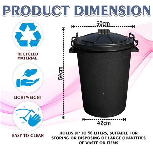 2 x 50L Bin with Clip Lock Lid Kitchen/Garden Waste Storage Dustbin Yellow+Black - Picture 2 of 11