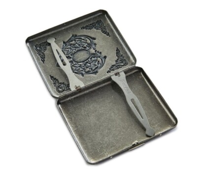 vintage cigarette case metal Vintage Cigarette Metal Case Embossed Heart & Imitation Turquoise Ornament  Green