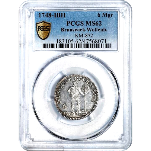 1748 IBH German States Brunswick Wolfenbuttel Wildman 1/6 Taler, 6 MG PCGS MS 62 - Picture 3 of 4