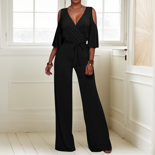 Sexy Women V-Neck Cold Shoulder Jumpsuit Wide Leg Summer Evening Party Playsuit - Picture 16 of 23