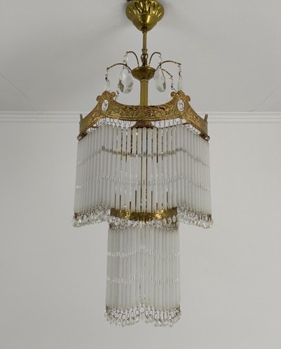 French Vintage Pendant Chandelier with glass tubes Prisms Brass Hobo Chic - Picture 7 of 10